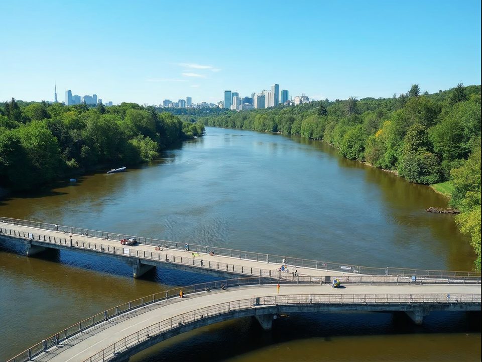 Slender pedestrian footbridge arching over the wide Missouri River between wooded Iowa bluffs and the Omaha skyline