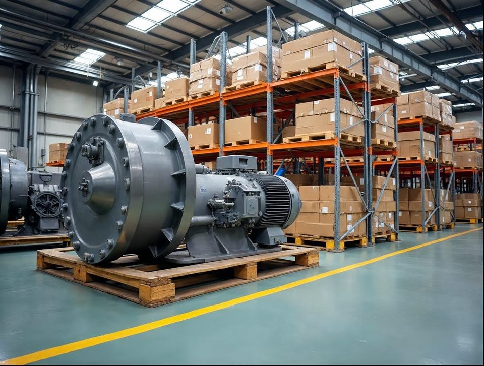 Heavy industrial parts, steel components and crated machinery on racks and pallets inside a bright building