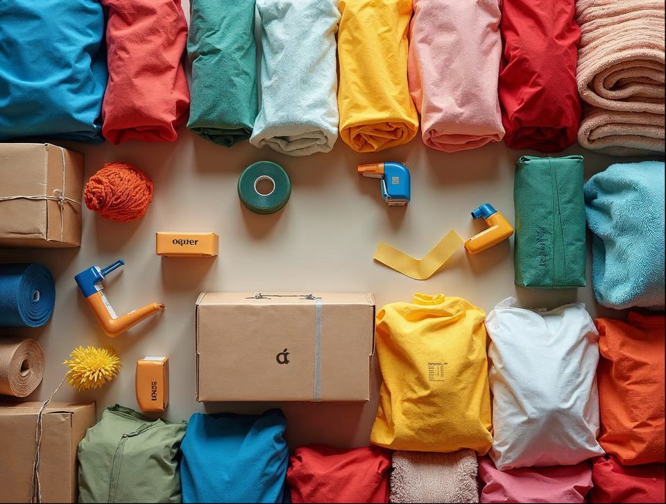 Packing tables with brown parcels, tape and colorful consumer goods lined up for carrier pickup