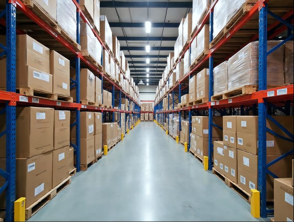 Pallets of boxed beverages and natural food products on tall racks in a clean temperature-controlled room