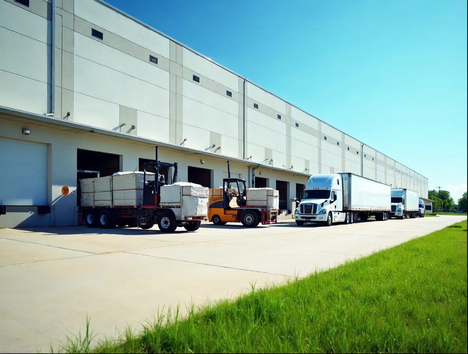 Trailers lined up along dock doors at a big distribution center while forklifts shuttle shrink-wrapped pallets