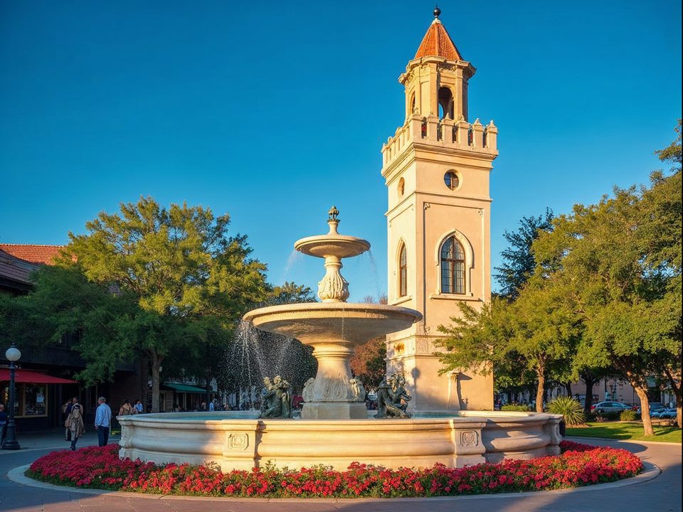 Ornate fountain and tower of Country Club Plaza framed by blooming flower beds on a bright day in Kansas City