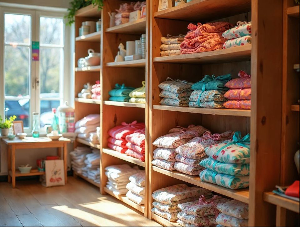 Colorful boutique shelves stocked with gift boxes, folded apparel and home goods in a bright shop