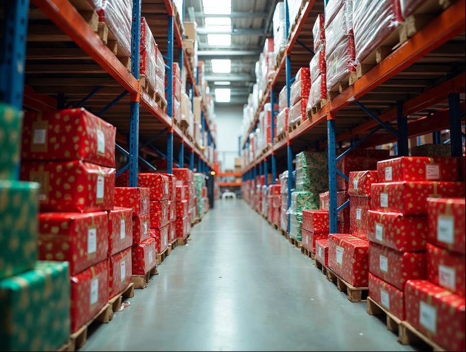Rows of wrapped holiday gift boxes and seasonal goods stacked on shelves inside a large clean storage building