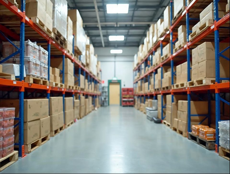 Pallets of boxed grocery goods and packaged natural foods on racks inside a spotless temperature-controlled room