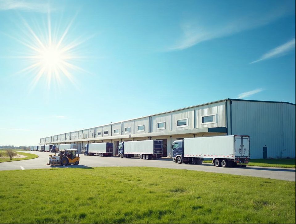 Semi trailers lined up at the loading docks of a large Midwestern distribution building under a blue sky
