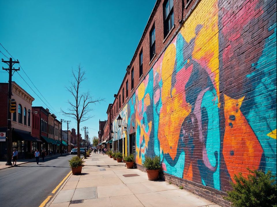 Painted mural wall beside a brick gallery building in the Crossroads district of Kansas City, Missouri
