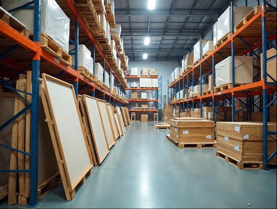 Crated artwork and display pieces stored on sturdy racks in a bright, tidy storage building