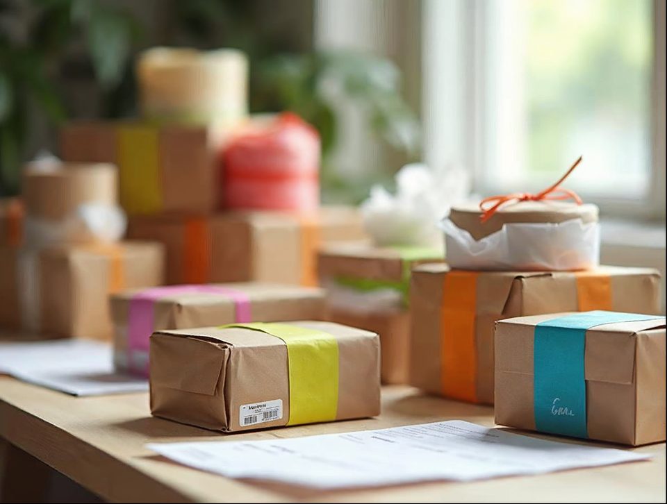 Handmade goods in colorful packaging being boxed on a bright packing table with tape and labels