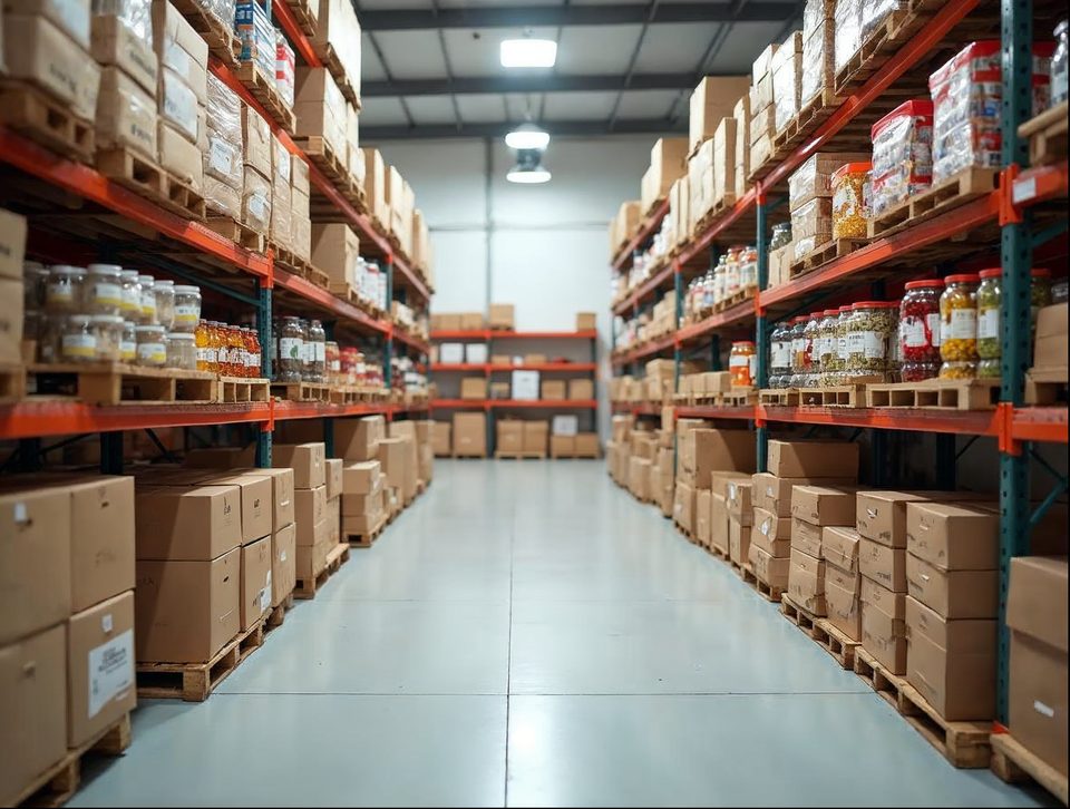 Cases of packaged specialty foods and bottled goods on pallets inside a clean temperature-controlled room