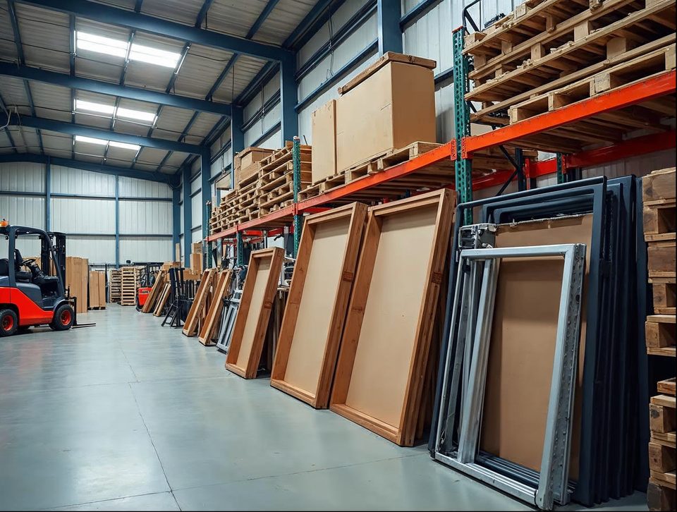 Stacks of display shelving, banner stands and event booth crates organized in a bright storage building