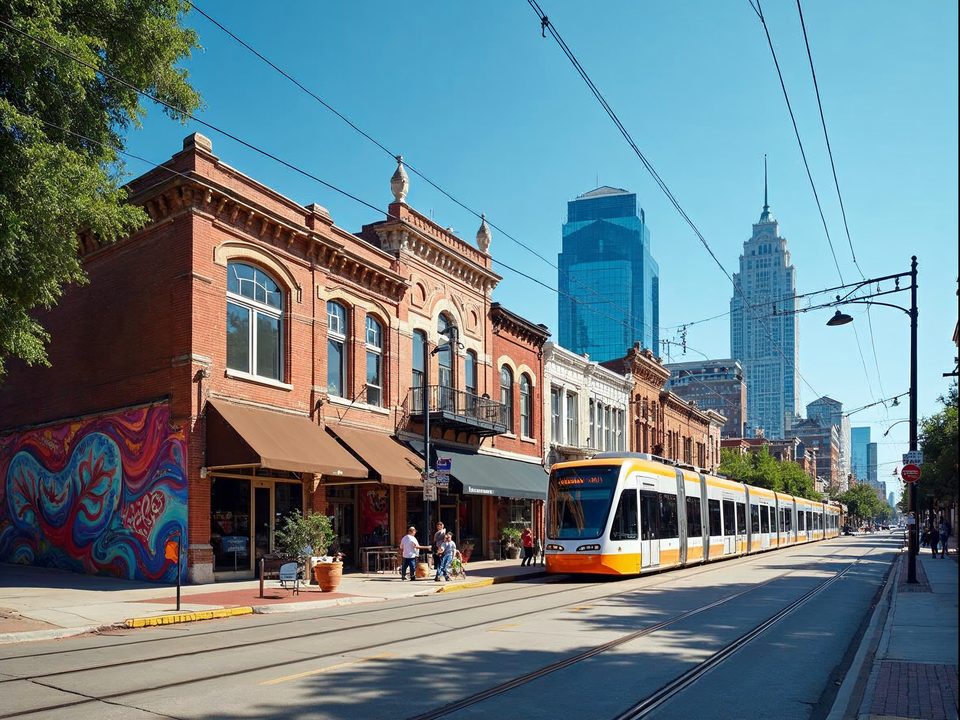 Brick warehouse-style buildings with large painted murals and a light-rail train near downtown Dallas in daylight