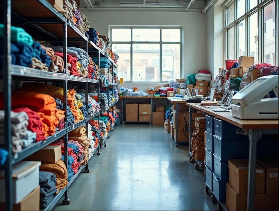 Racks of neatly folded clothing and boxed accessories in a bright orderly storage room