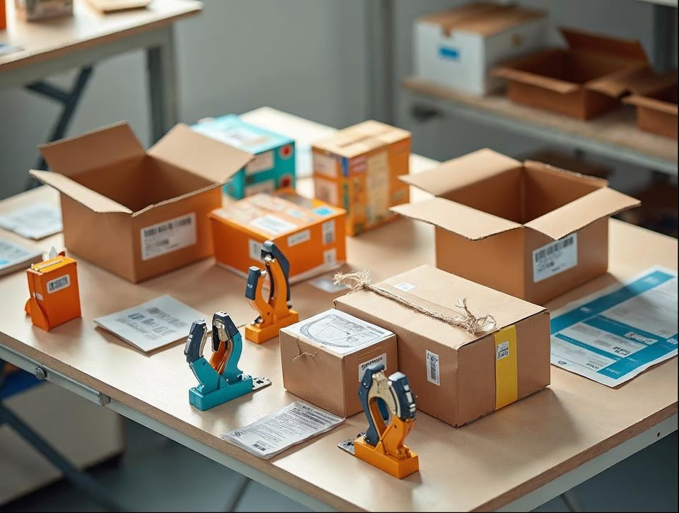 Shipping boxes, tape guns and colorful packaged products on a clean packing table