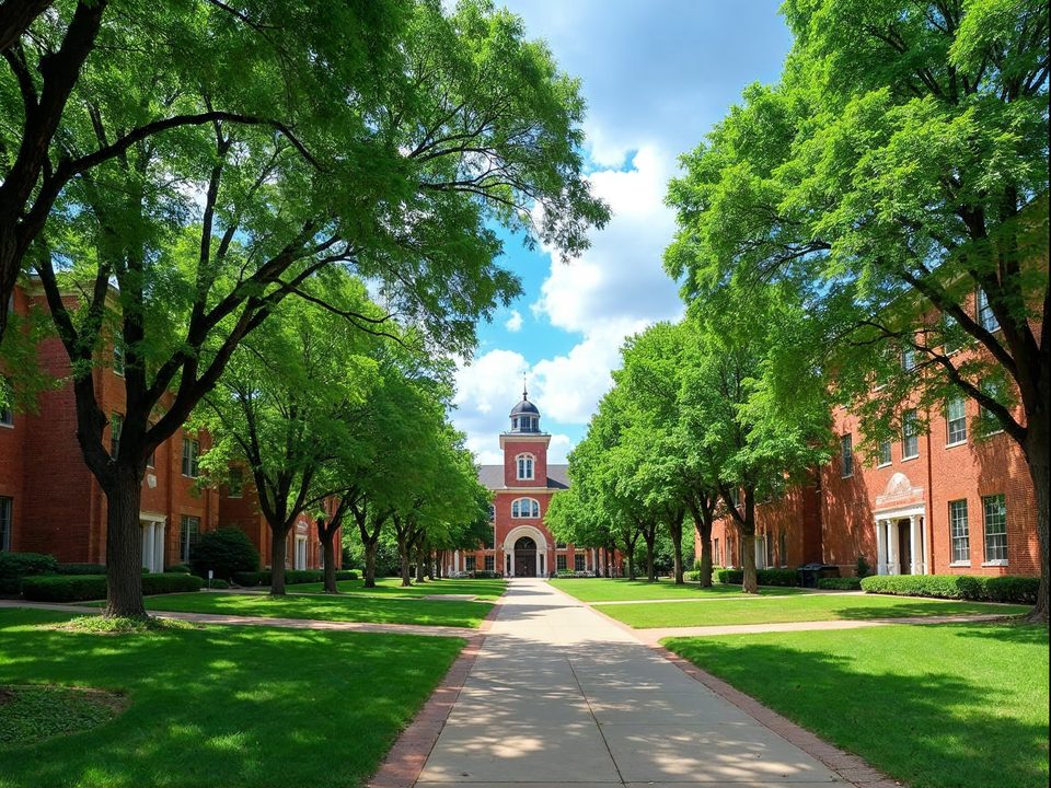 Students walking across a green university campus quad with brick buildings and tall shade trees in North Texas