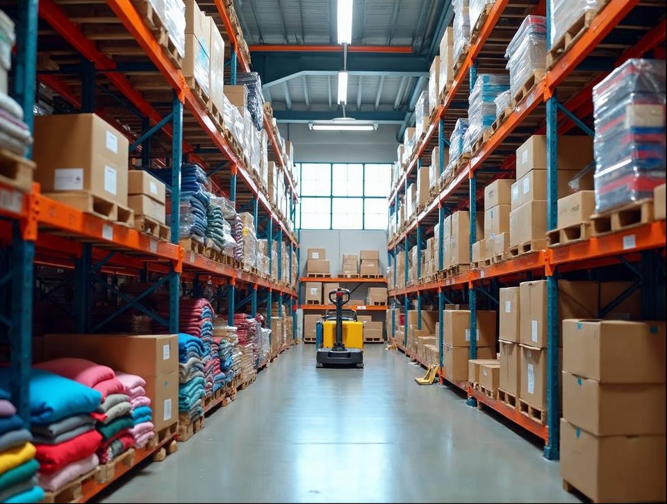 Shelves of folded apparel and boxed toys in a bright storage area ready for retail replenishment