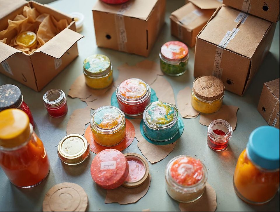 Small-batch craft goods, jars and kraft cartons laid out on a tidy packing bench