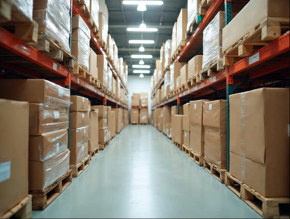 Boxed natural-food pallets on tall shelving inside a clean, climate-managed room