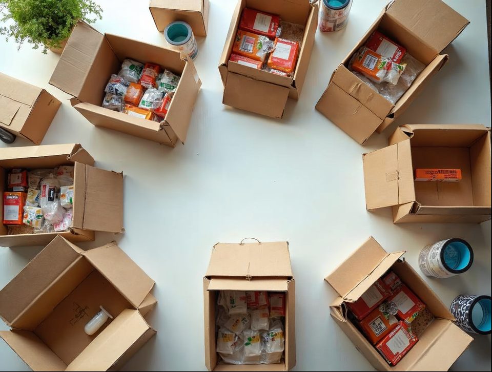Packing table with open shipping boxes, tape, bubble wrap and colorful consumer products awaiting parcel labels