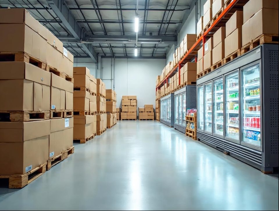 Cases of packaged grocery products and chilled foods on clean racks inside a bright temperature-controlled room