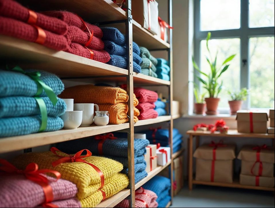 Neat boutique stockroom shelves holding folded sweaters, ceramic home goods and wrapped gift boxes in bright light
