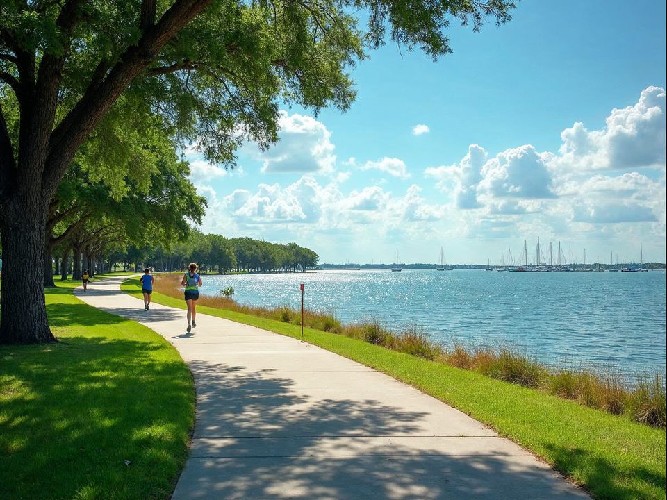 Paved lakeside trail and calm water at White Rock Lake in East Dallas with green trees and a bright blue sky