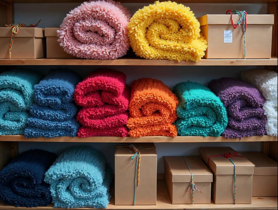 Colorful folded apparel and decor boxes stacked on shelving inside a tidy storage building