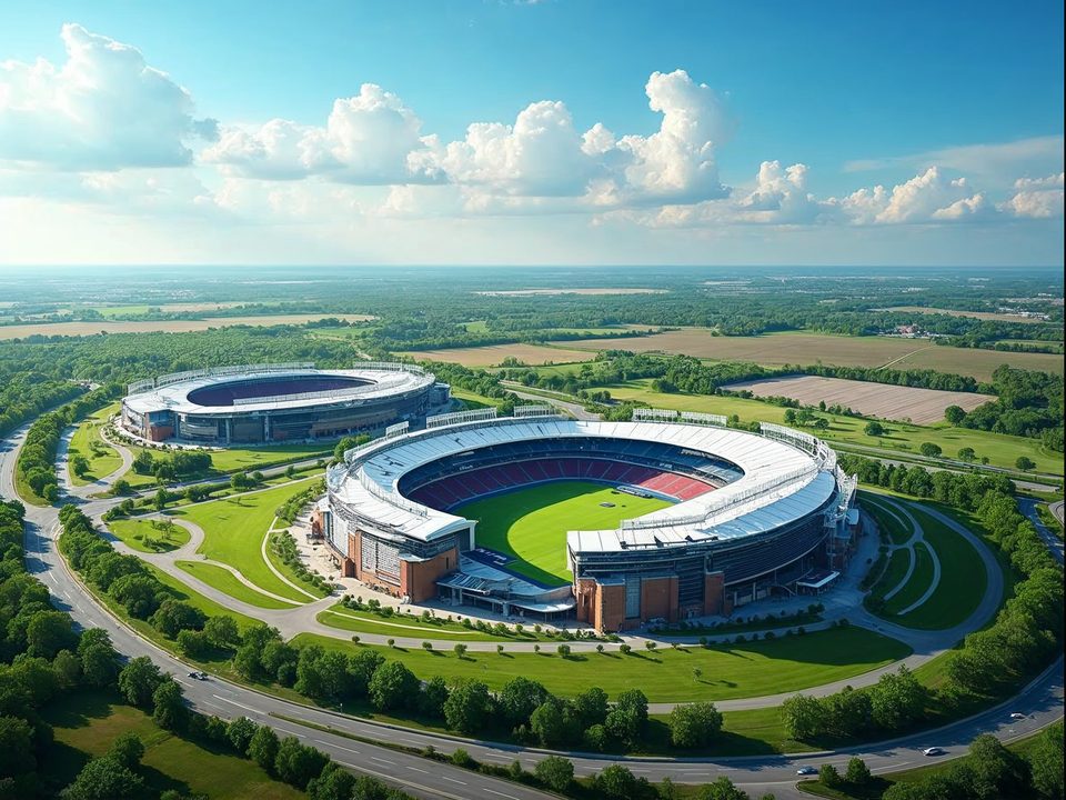 Two large stadiums set among green parking fields and a blue sky at the Truman Sports Complex in eastern Kansas City
