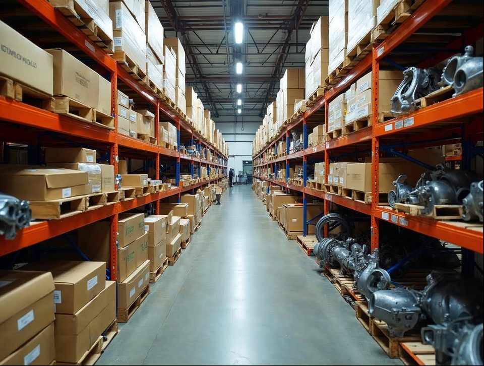 Shelves of boxed auto parts and replacement components organized by size in a bright storage building