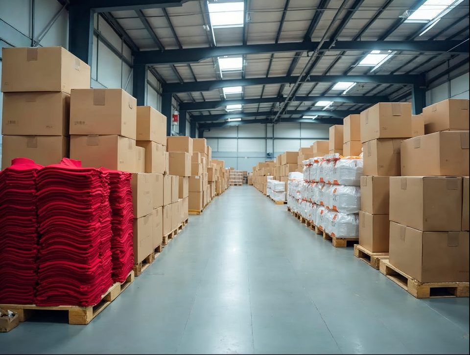Stacked cartons of apparel, coolers and snack goods ready for shipment inside a large clean storage building