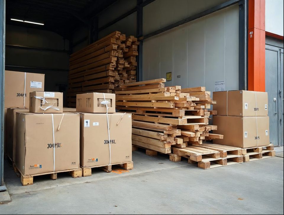 Bundled building materials and boxed fixtures on pallets staged for shipment in a bright industrial building