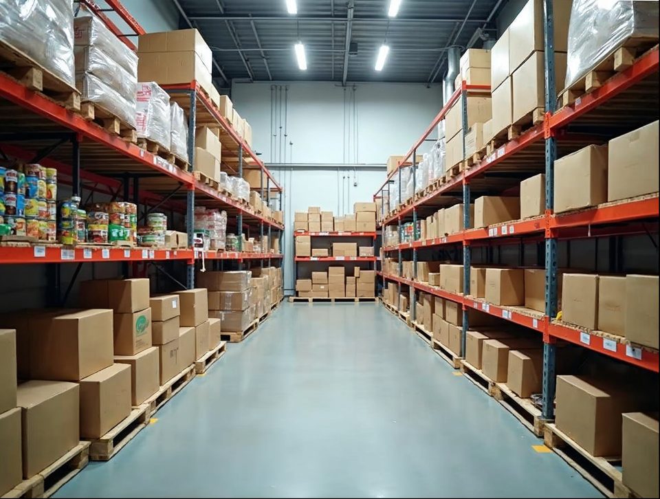 Pallets of packaged groceries and natural foods stored in a clean chilled room with bright lighting