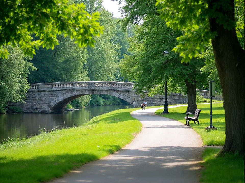 Walking path along the Fox River with green trees and a stone bridge in Elgin, Illinois in summer sunlight