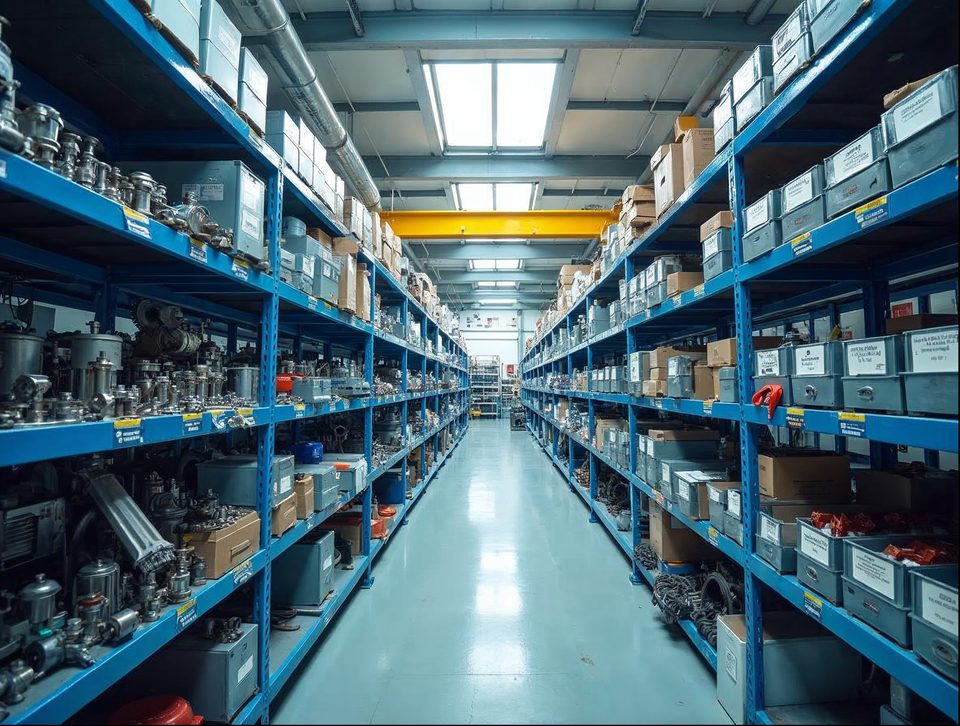 Precision metal parts and machine components arranged on clean racks in a bright industrial storage space