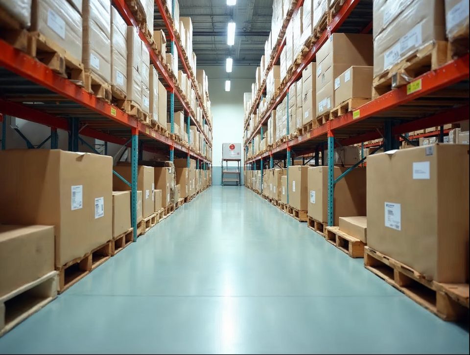 Pallets of boxed packaged food products on clean racks in a bright, temperature-controlled storage room