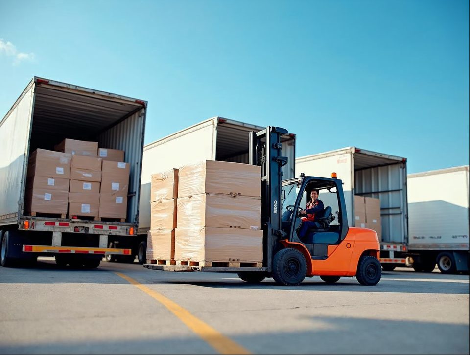 Forklift lifting wrapped pallets next to open semi trailers on a sunny loading dock
