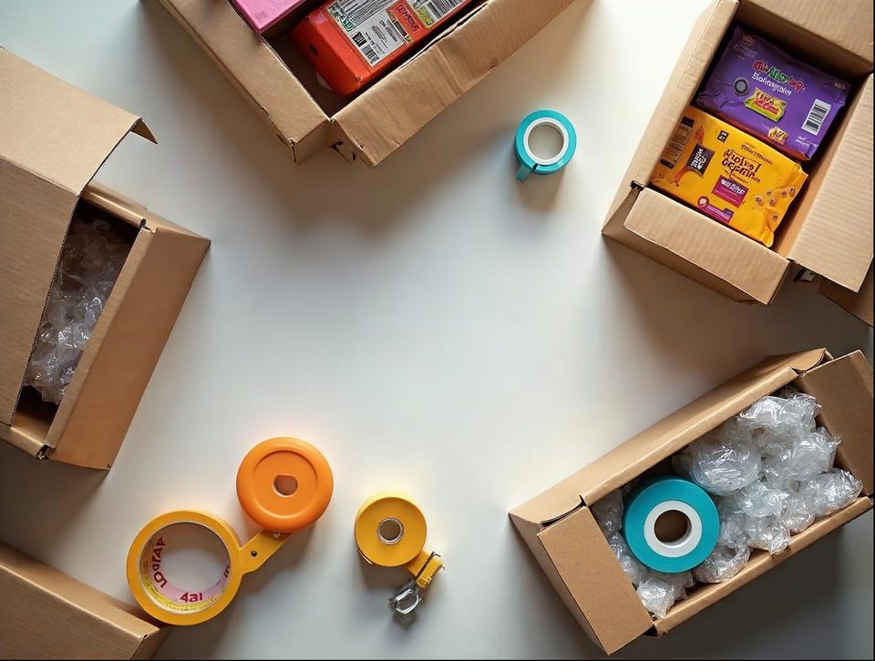 Packing station with open cartons, tape, bubble wrap and colorful products waiting for parcel labels