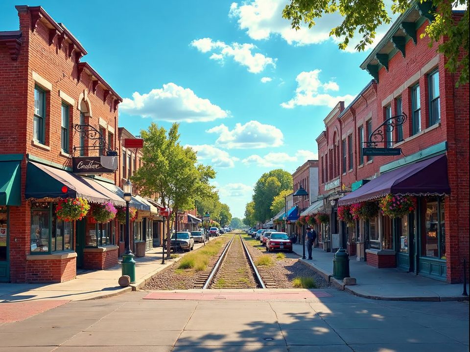 Quiet railroad-era main street of old Elkhorn, Nebraska, with brick storefronts under a bright summer sky