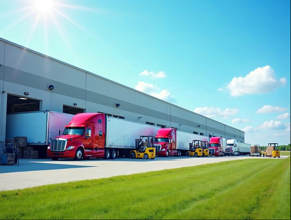 Tractor-trailers parked nose-in at the bay doors of a huge distribution center beneath a clear blue sky