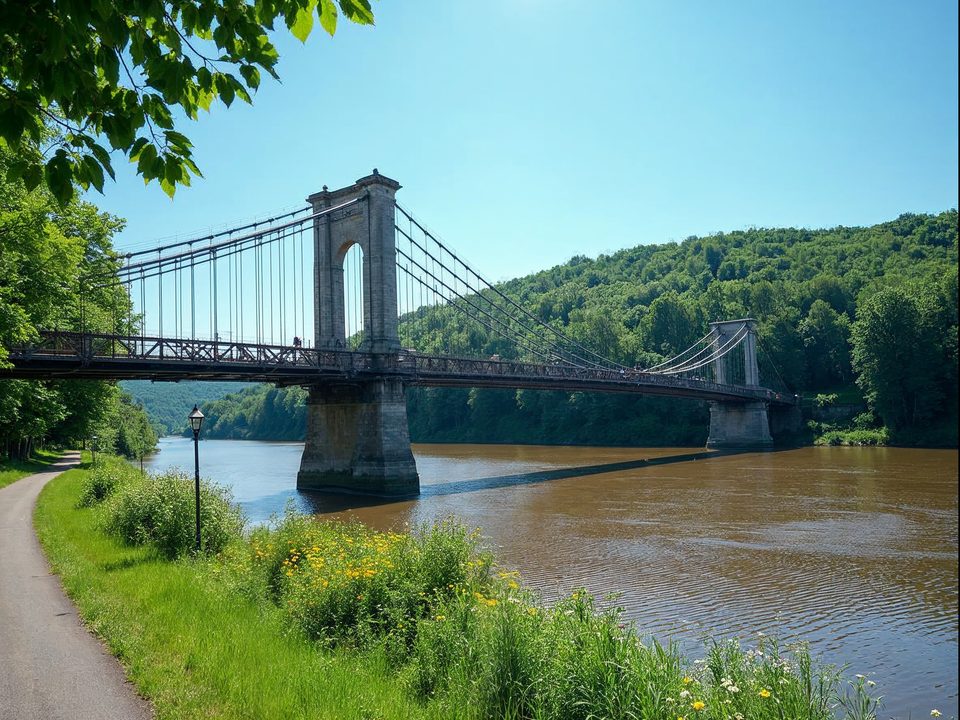 Mormon Pioneer Memorial Bridge and green riverside bluffs near Florence in north Omaha on a bright day
