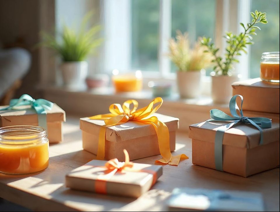Handmade soaps, candles and gift boxes being packed on a bright workbench with ribbon and wrapping paper