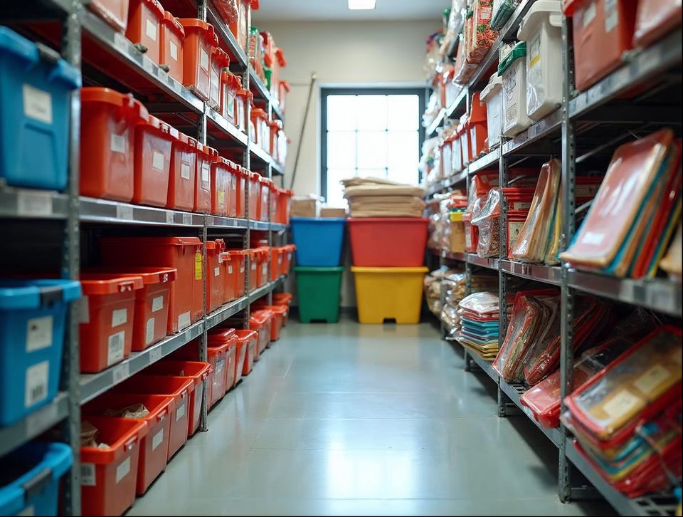 Labeled plastic bins and folding tables neatly stored on shelving inside a clean, bright storage room