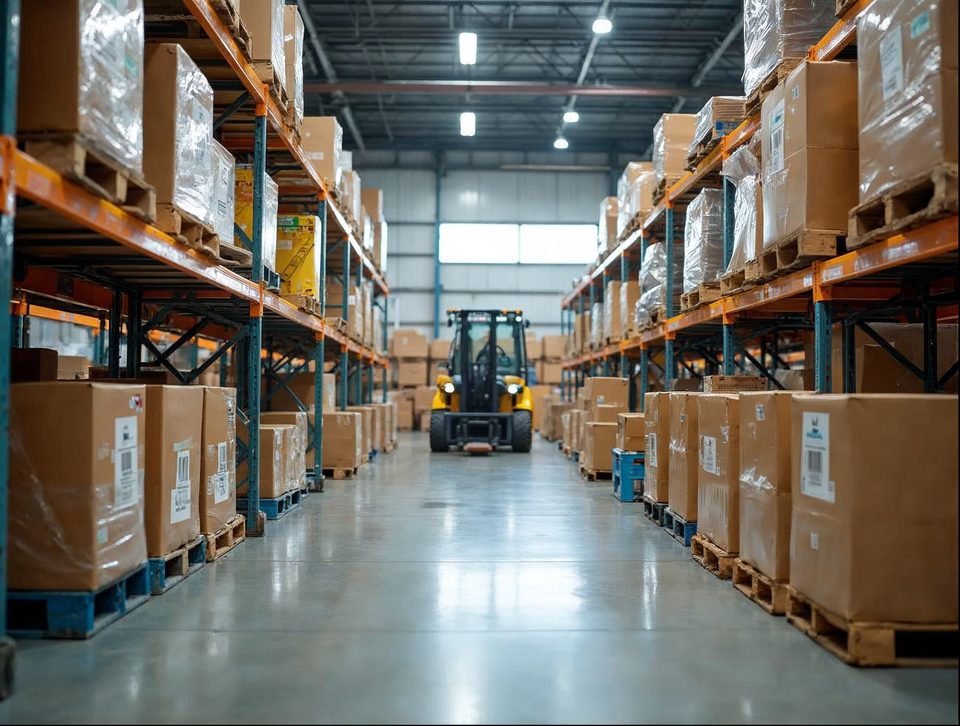 Farm equipment parts and pallets of boxed machine components on sturdy racks in a bright storage building