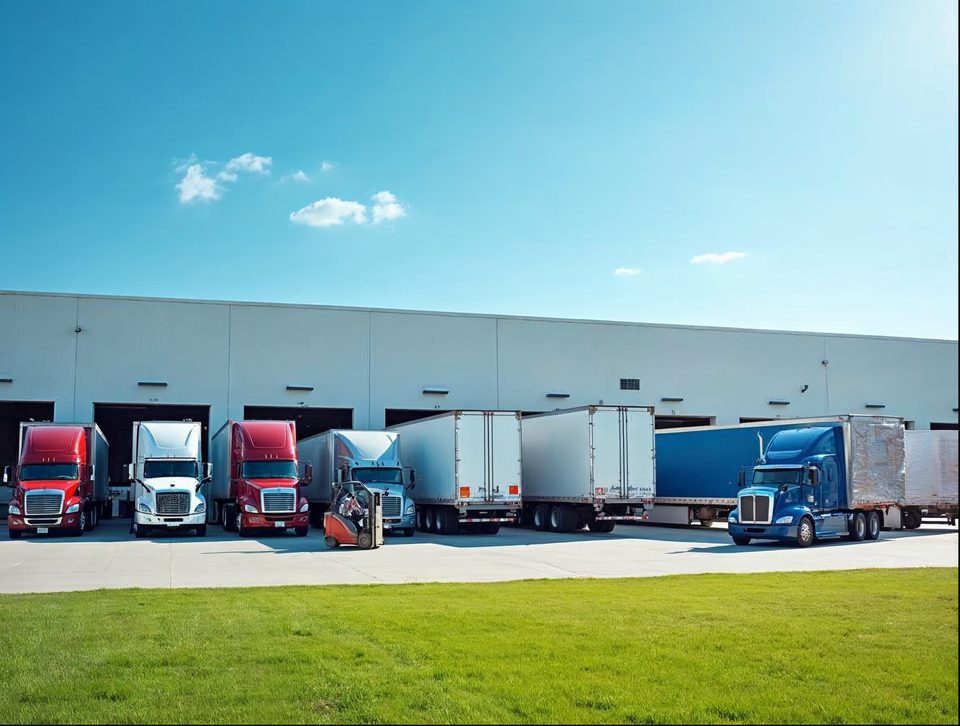 Semi trucks parked at loading docks of a large distribution building with a clear sky overhead