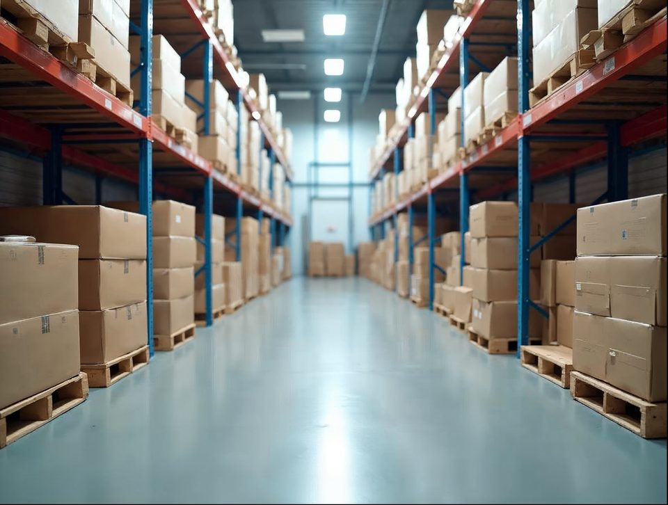 Pallets of boxed grocery and packaged food products on tall racks inside a clean temperature-controlled room