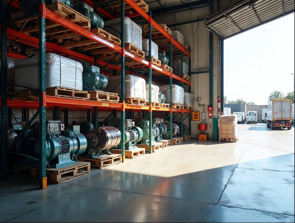 Industrial machinery components and crated parts stacked on heavy-duty racks beside a wide dock door