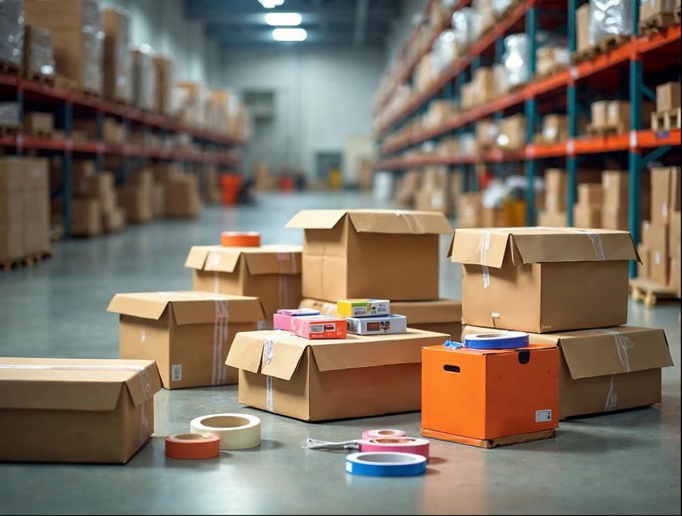 Packing station with cartons, tape dispensers and bright consumer products being readied for parcel shipment