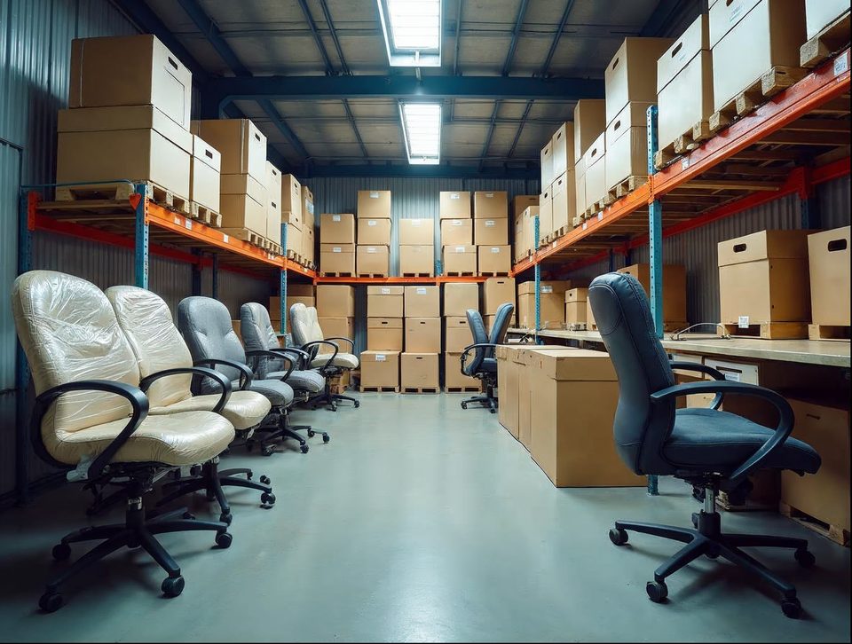 Wrapped office chairs, desks and labeled crates stacked in an organized storage bay
