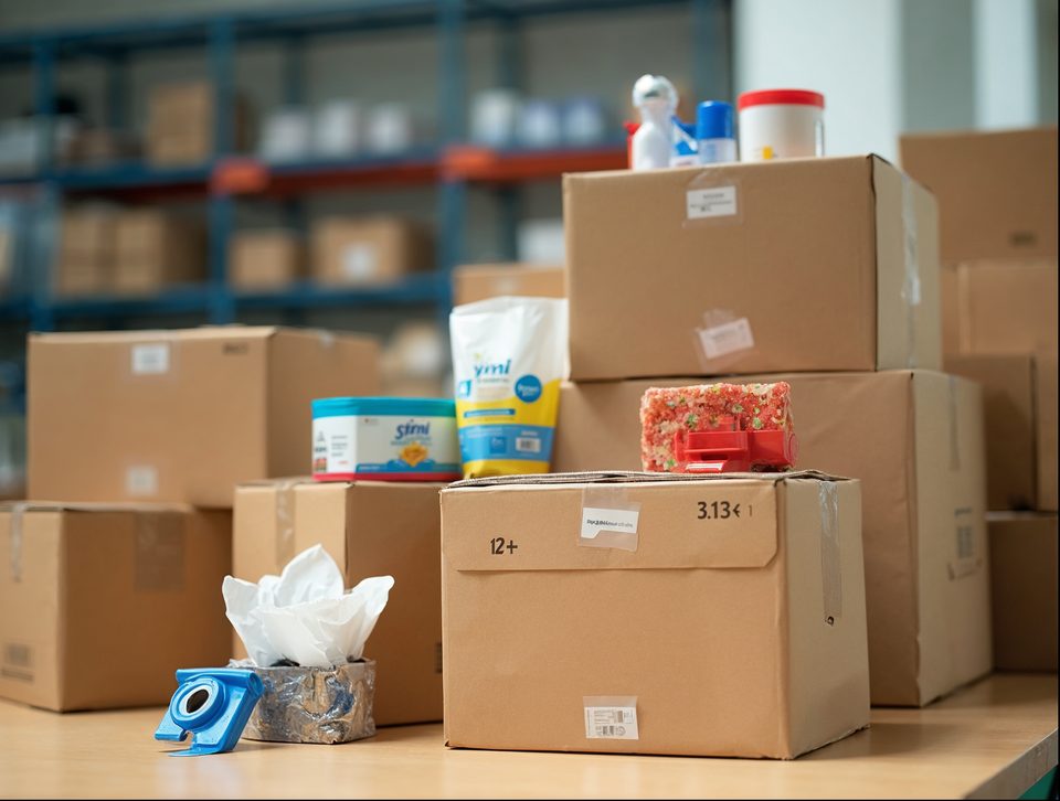 Counter heaped with cardboard boxes, tape and colorful consumer items awaiting a courier