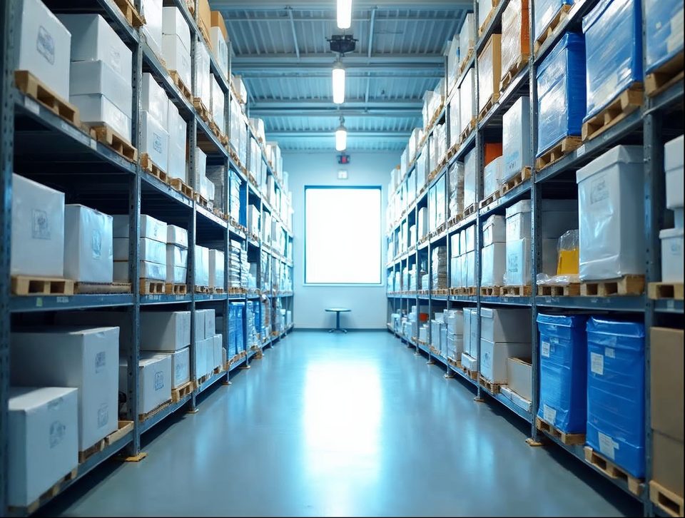 Shelves of sealed supply cartons and boxed consumer products organized in a clean bright storage room